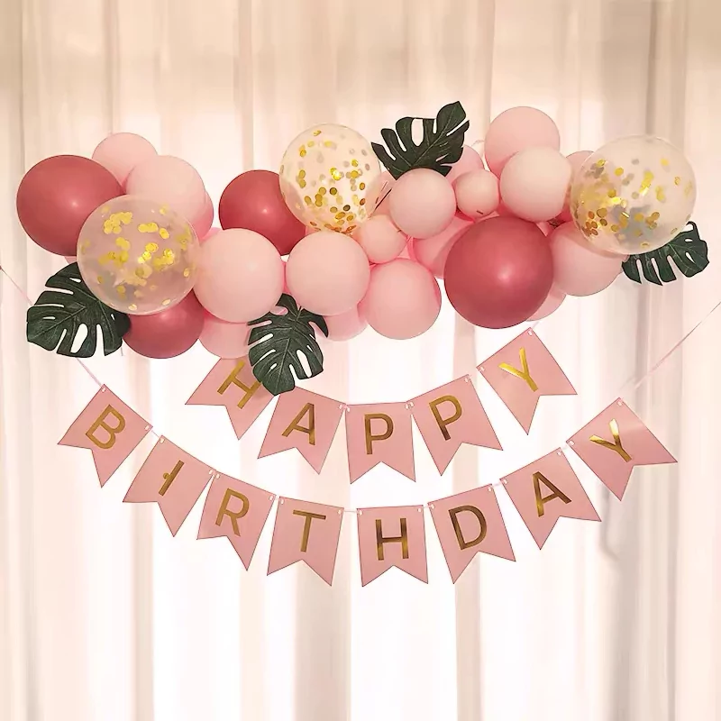 Ghirlanda baloane cu frunze si banner Happy Birthday