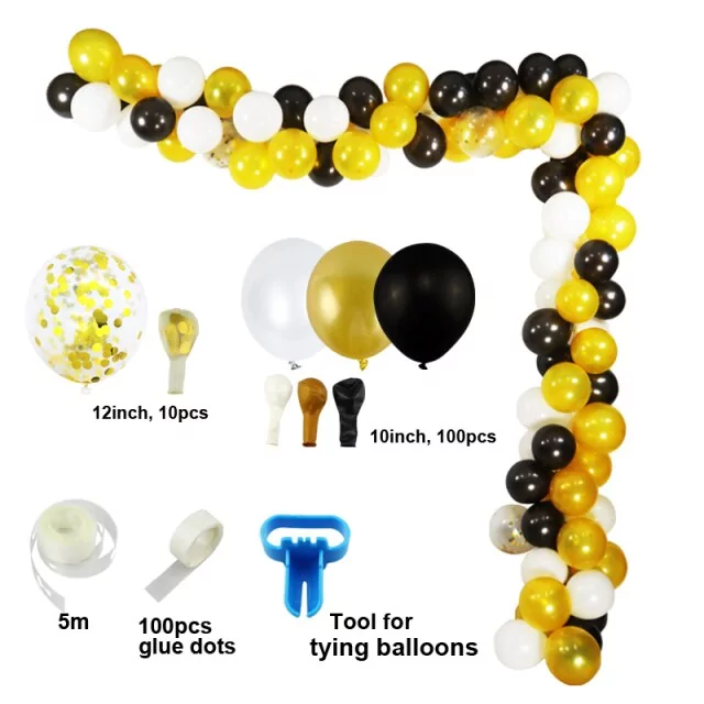 Arcada baloane alb, auriu si negru, cu baloane confetti