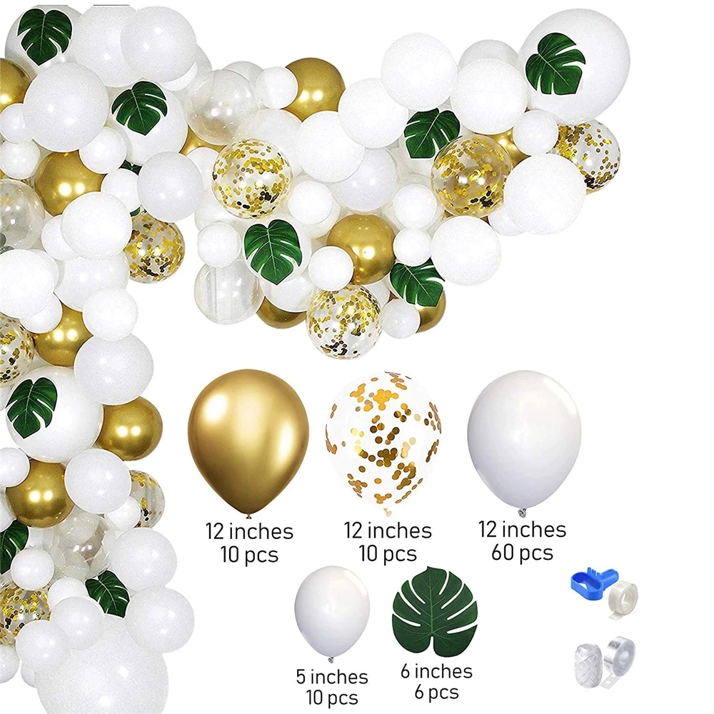 Arcada baloane alb, auriu, cu frunze decorative