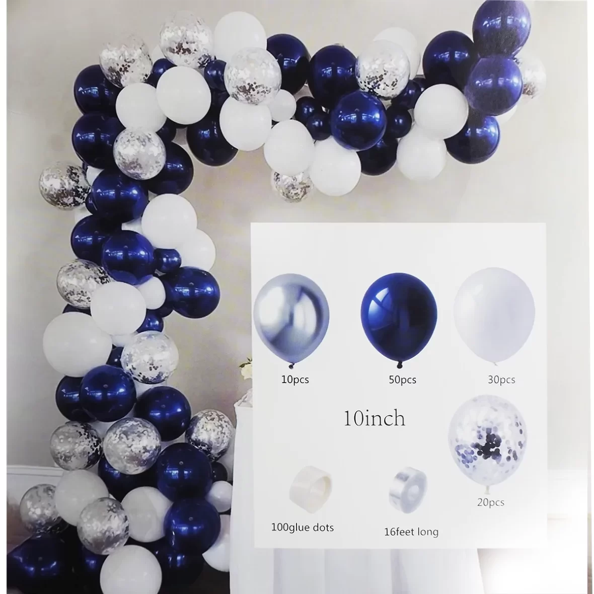 Arcada baloane albastre, albe si argintii confetti