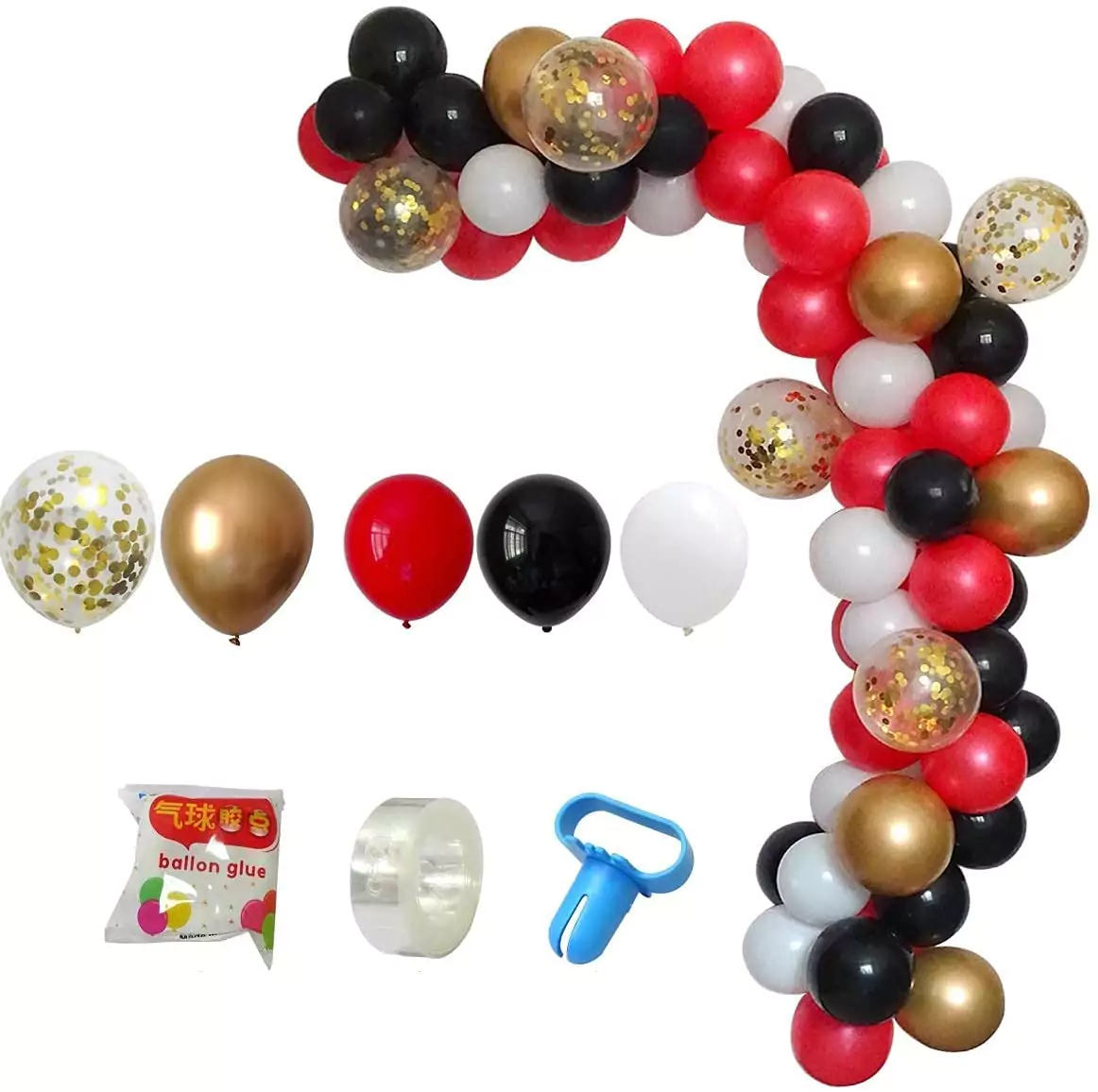 Arcada baloane in culori rosu, negru, alb, cu baloane confetti