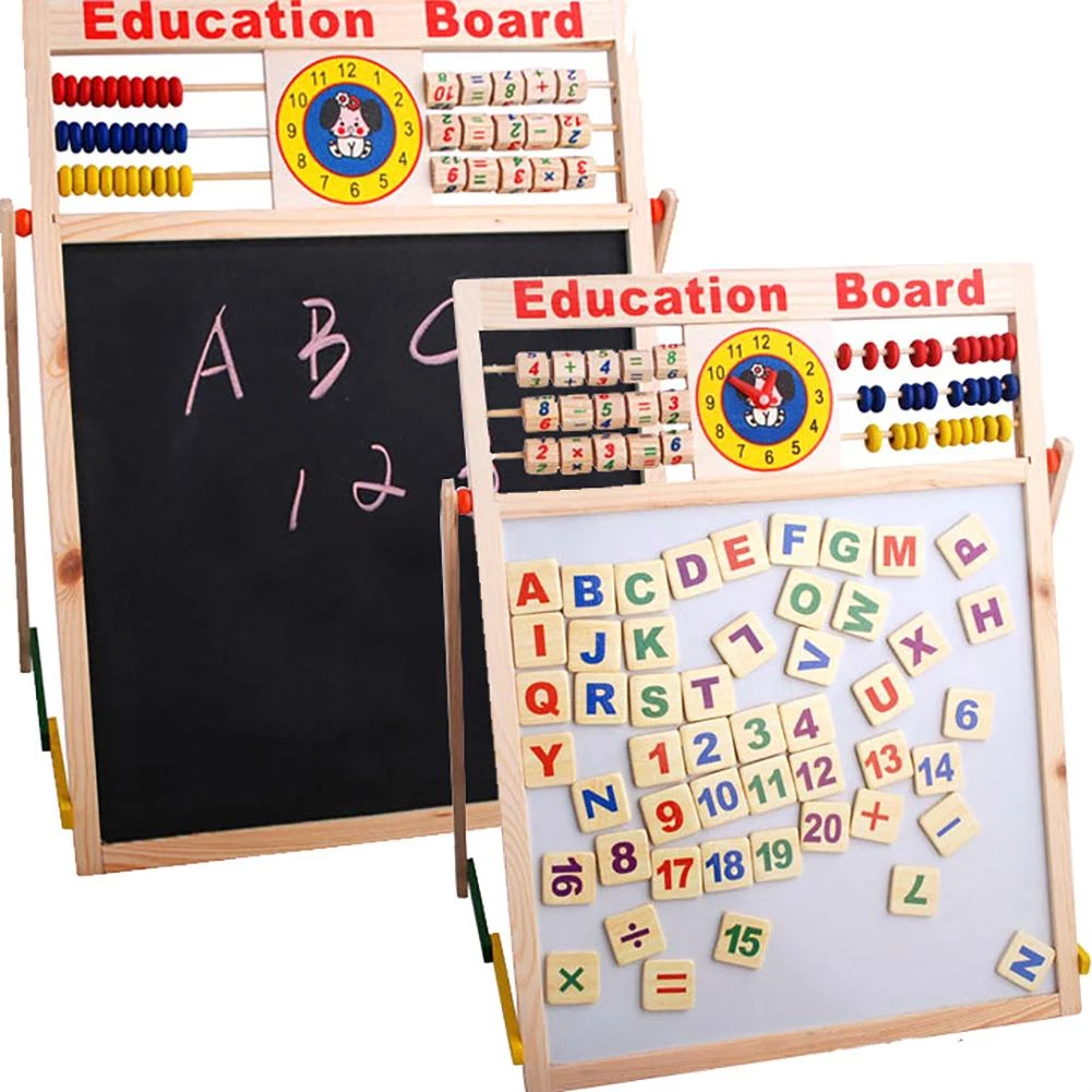 Tabla magnetica din lemn pentru copii, 2 suprafete, cu litere, cifre si accesorii