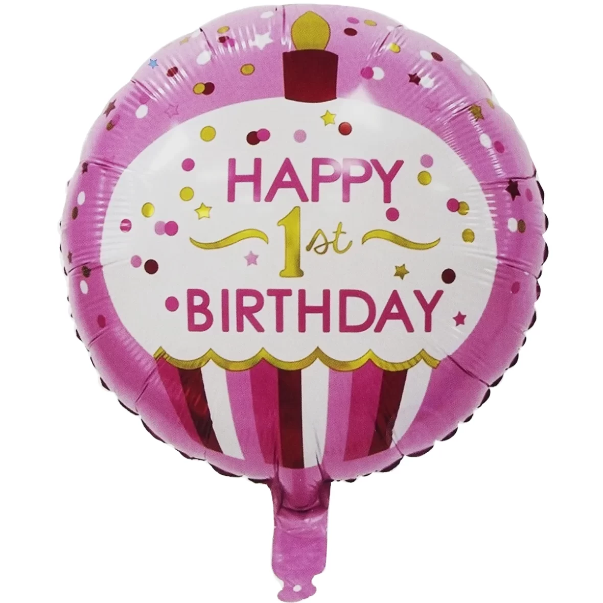 Balon folie Happy 1’st Birthday, roz, rotund, 45 cm