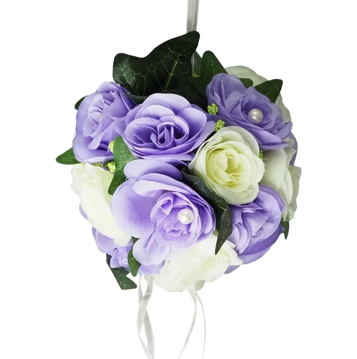 Buchet floral decorativ, culori alb-mov, cu agatatoare