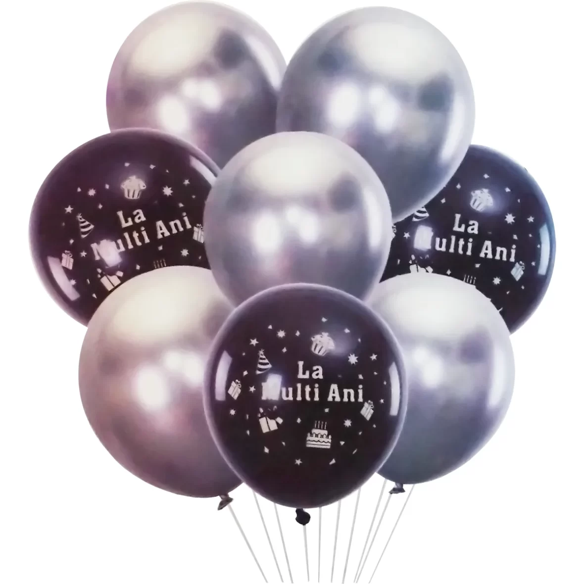 Set 8 baloane latex La multi ani, negru-argintiu, 30 cm