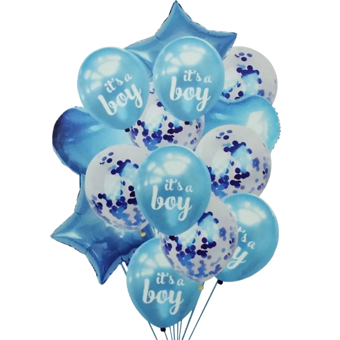 Set aranjament 14 baloane latex si folie, It’s a boy, albastru