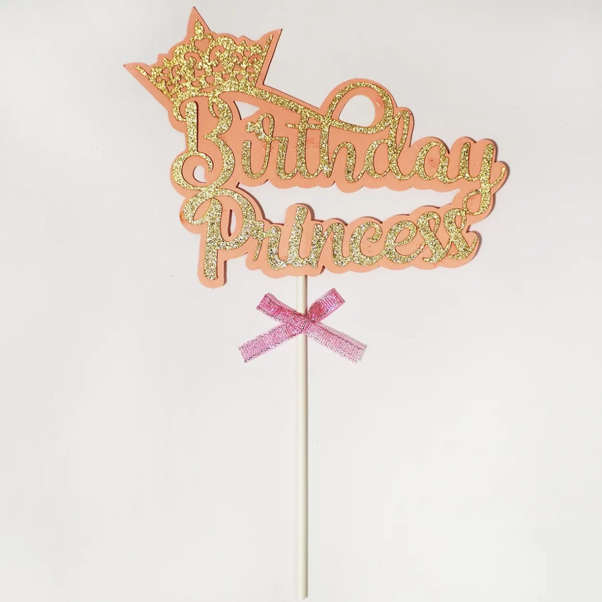 Topper Birthday Princess cu coronita, roz-auriu