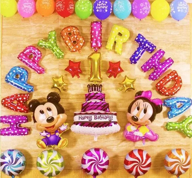 Decor baloane aniversare Happy Birthday cu Mickey Mouse si Minnie, multicolor, model 1