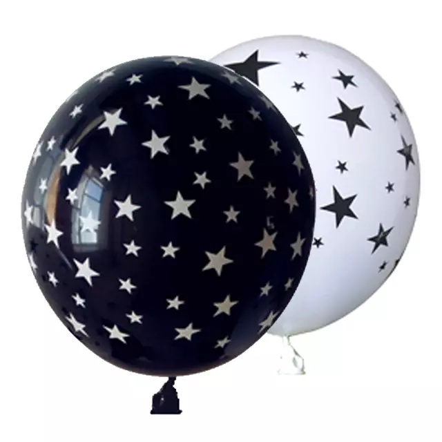 Set 6 baloane latex cu stelute, 30 cm, alb si negru