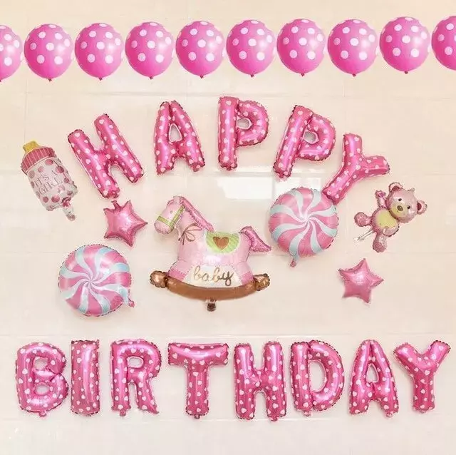 Decor baloane botez aniversare Happy Birthday, roz, model 3