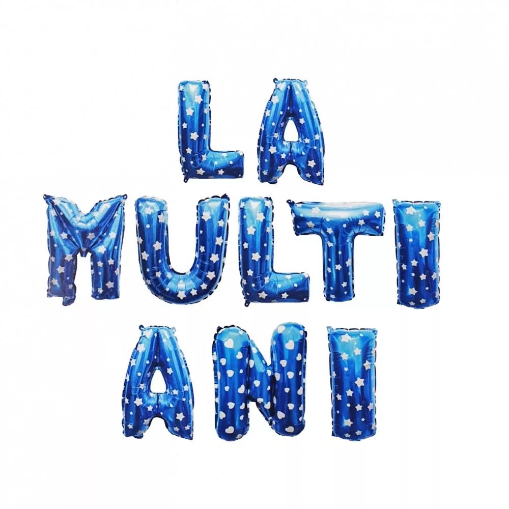 Set aranjament baloane litere La Multi Ani, albastru cu stelute