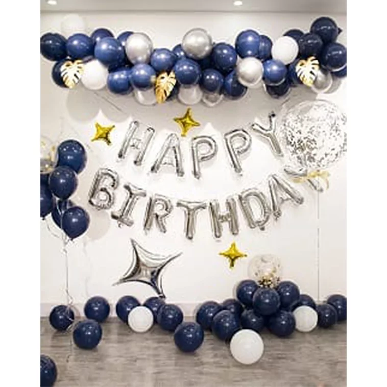 Arcada baloane aniversare, culori albastru, argintiu, alb, auriu, cu Banner Happy Birthday