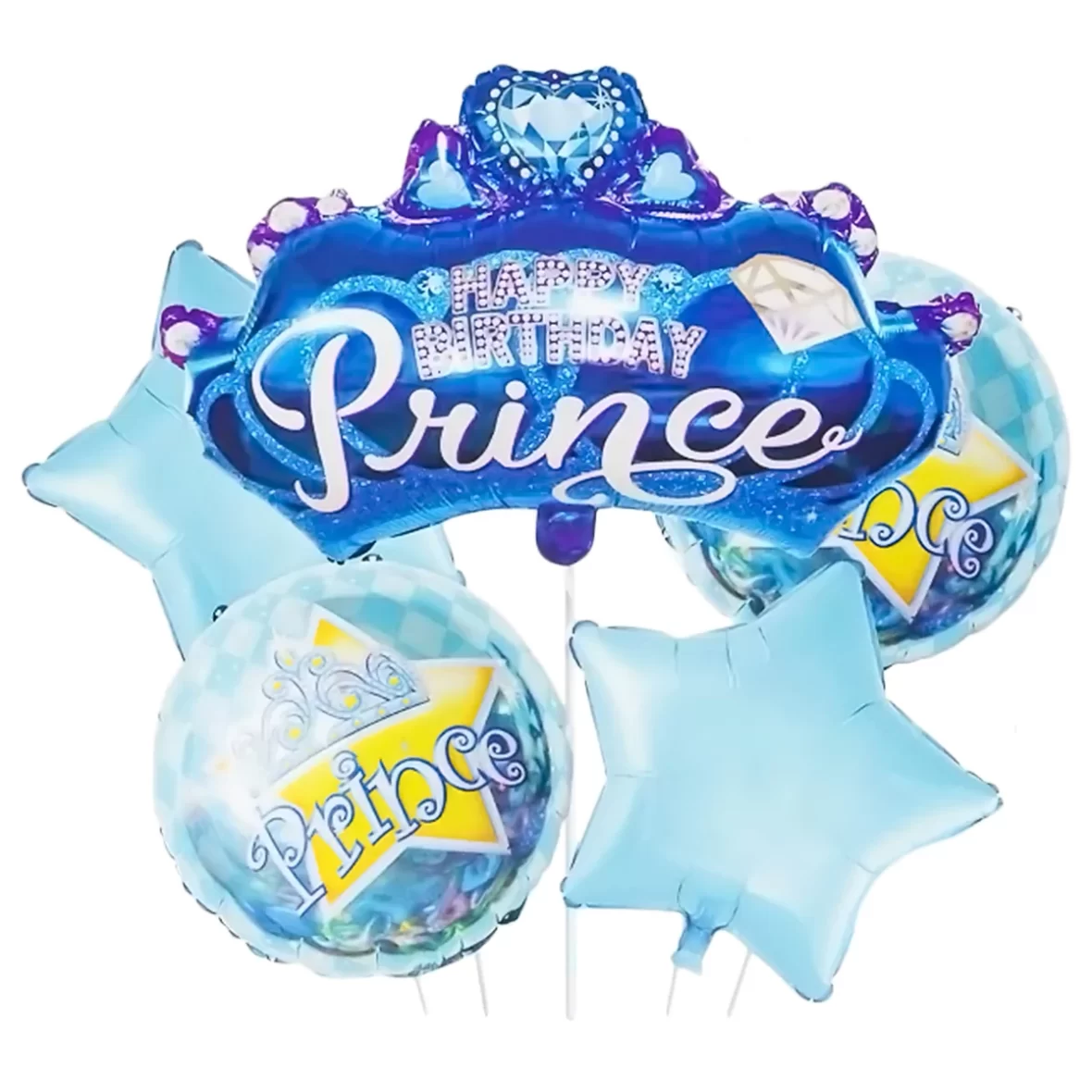 Set aranjament 5 baloane folie Happy Birthday Prince