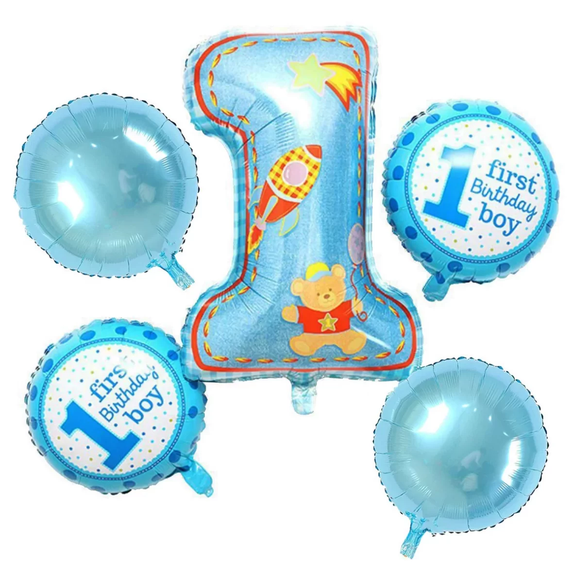 Set aranjament 5 baloane cu cifra 1, First Birthday Boy, albastru