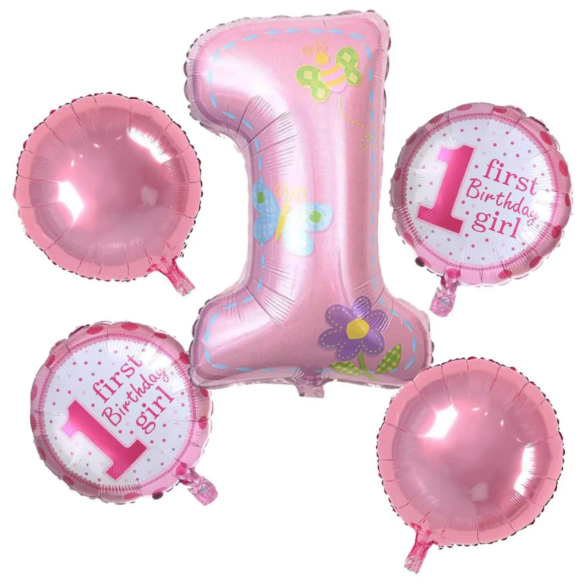 Set aranjament 5 baloane cu cifra 1, First Birthday Girl, roz