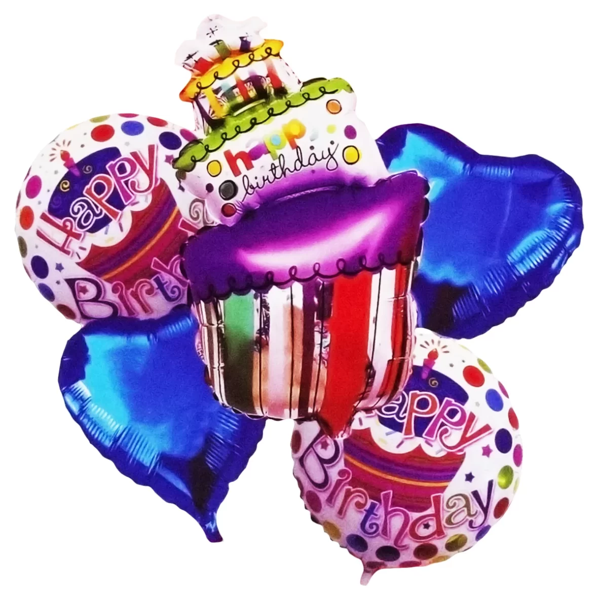 Set aranjament 5 baloane folie Happy Birthday cu figurina tort