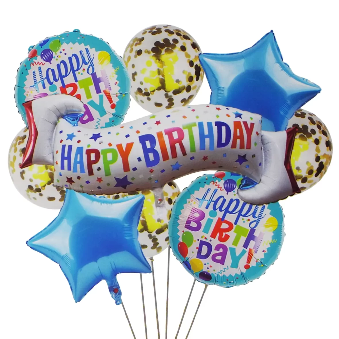 Set aranjament 9 baloane folie si latex Happy Birthday, albastru