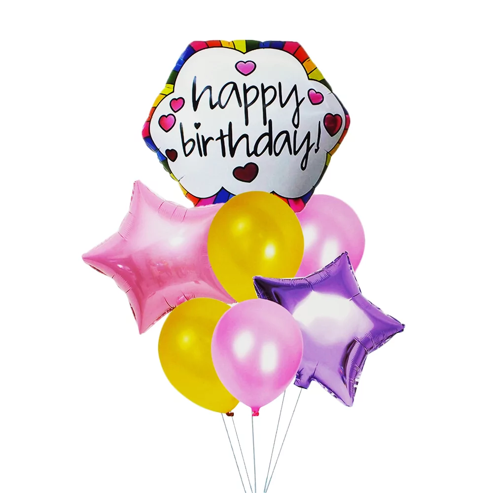 Set aranjament 7 baloane folie si latex cu hexagon Happy Birthday, roz