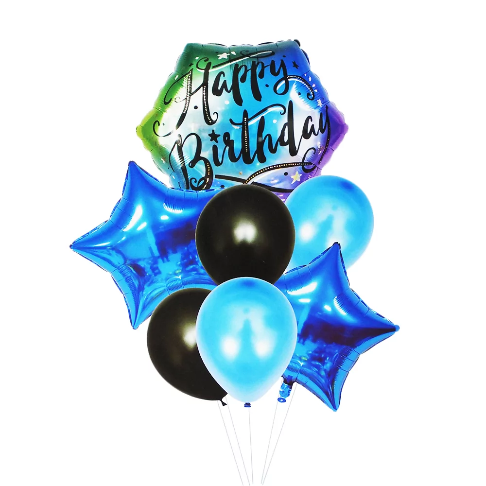 Set aranjament 7 baloane folie si latex Happy Birthday, albastru