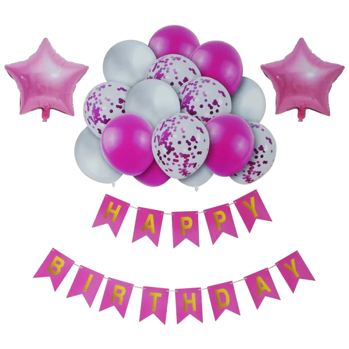 Set aranjament Happy Birthday cu 17 baloane folie si latex, argintiu-roz