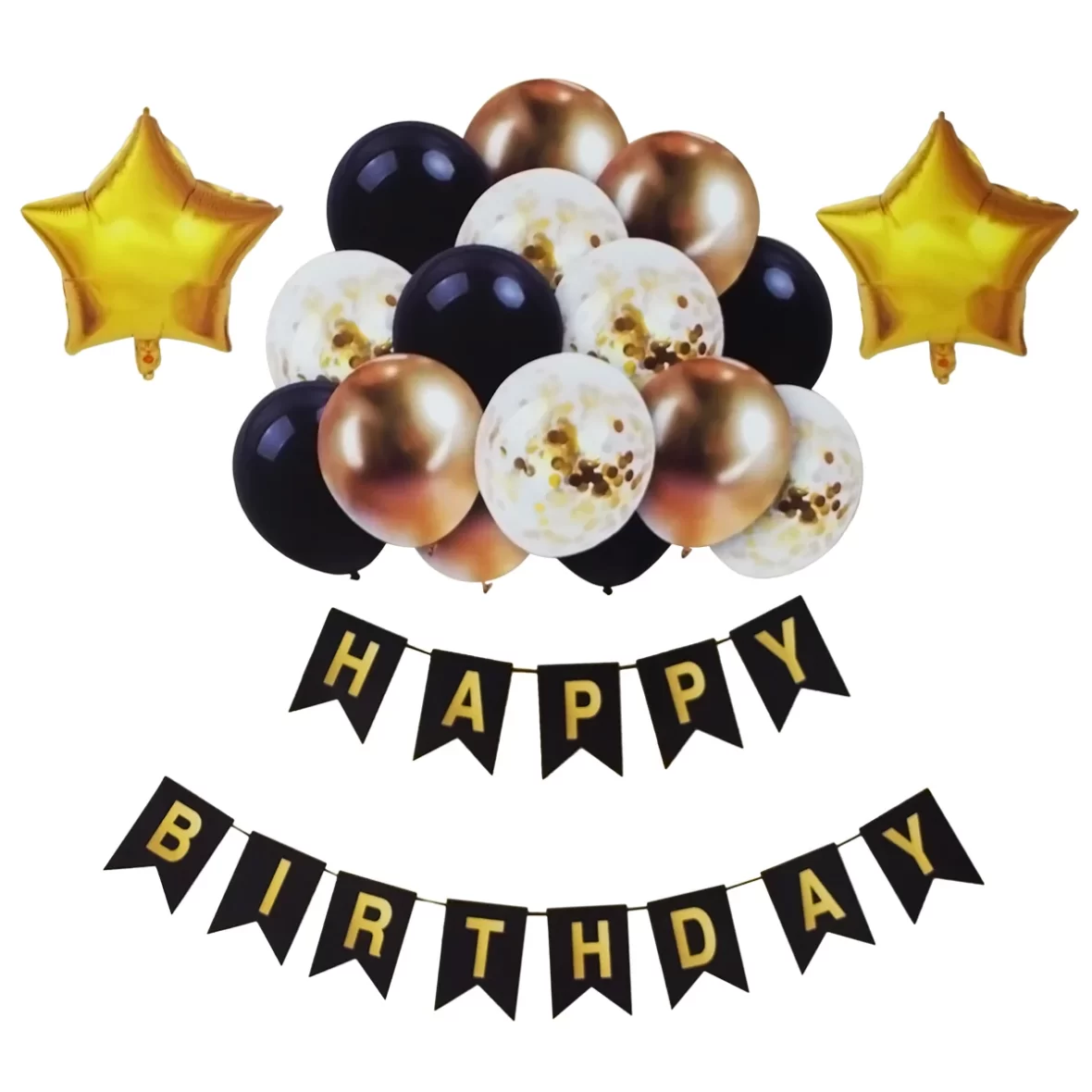 Set aranjament Happy Birthday cu 17 baloane folie si latex, auriu-negru-rose gold
