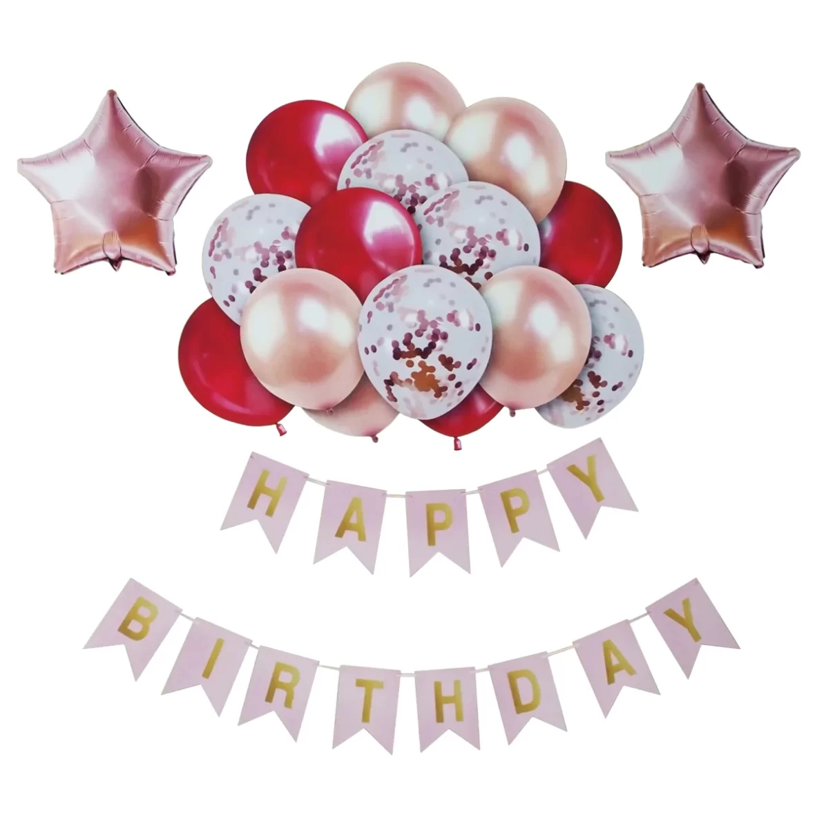 Set aranjament Happy Birthday cu 17 baloane folie si latex, rose gold-rosu