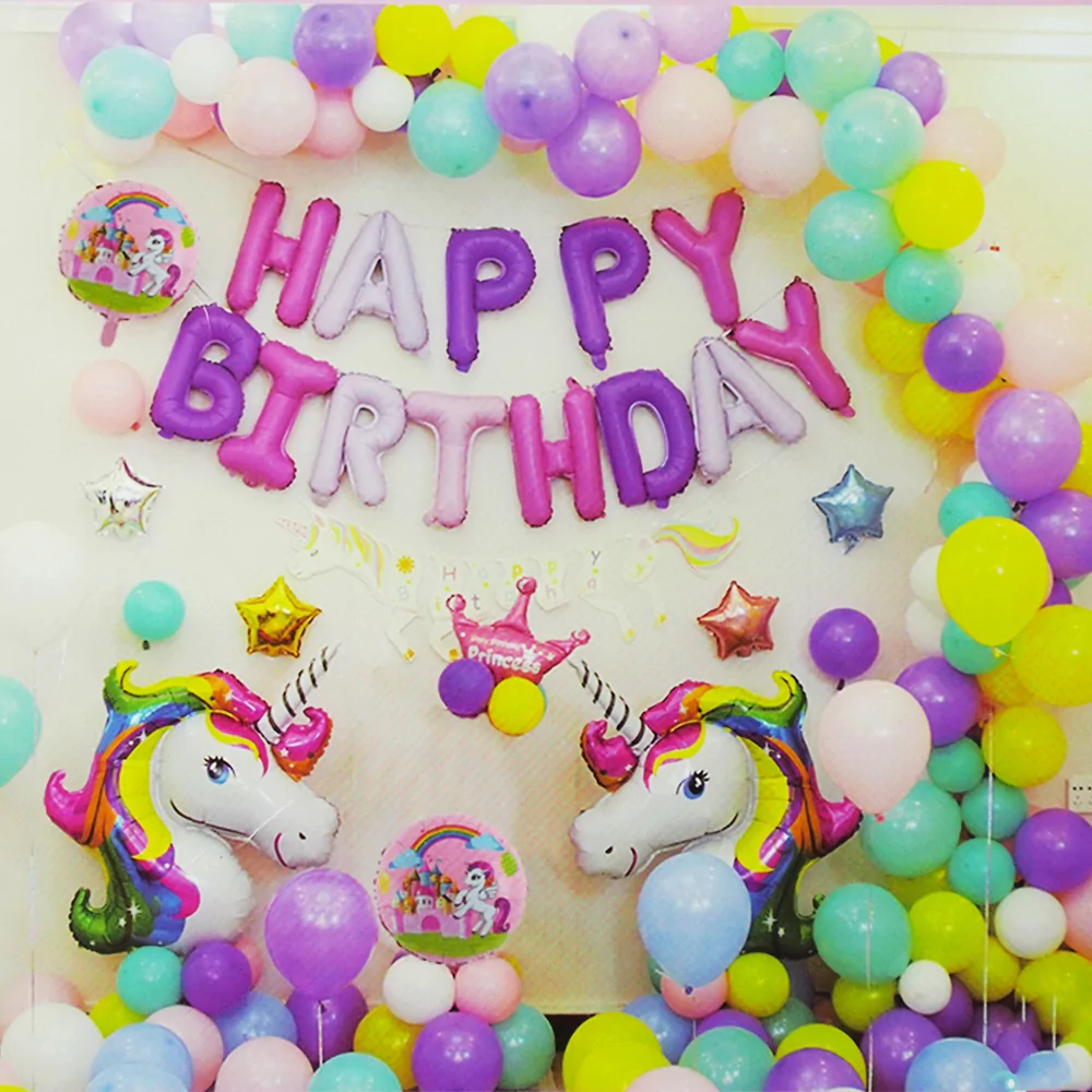 Set aranjament baloane folie si latex unicorn cu ghirlanda si banner Happy Birthday