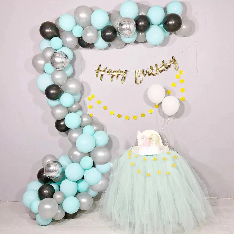 Arcada baloane aniversare petrecere, culori turcoaz, argintiu, negru