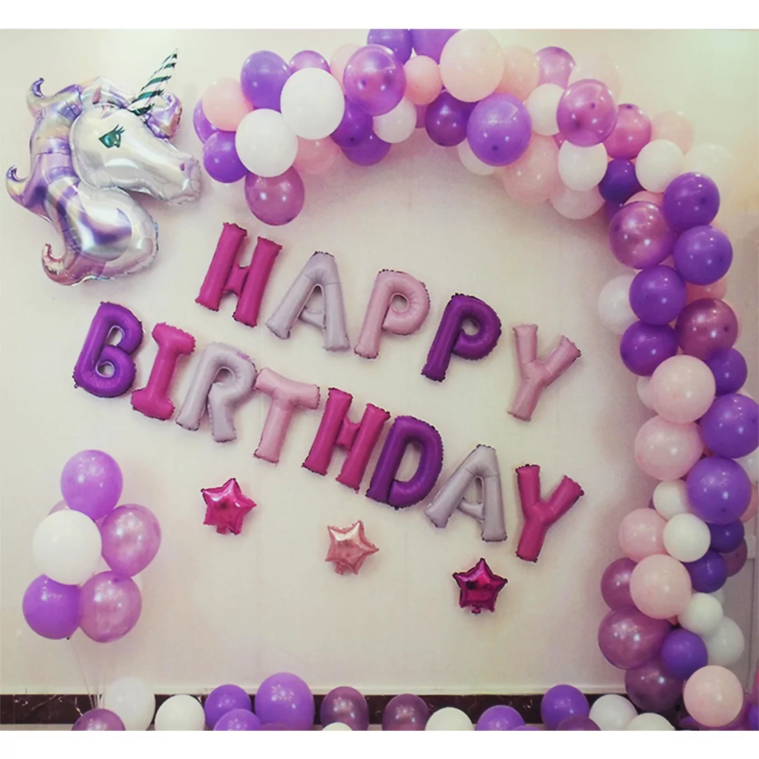 Arcada baloane aniversare petrecere cu banner Happy Birthday si Unicorn, 100 cm