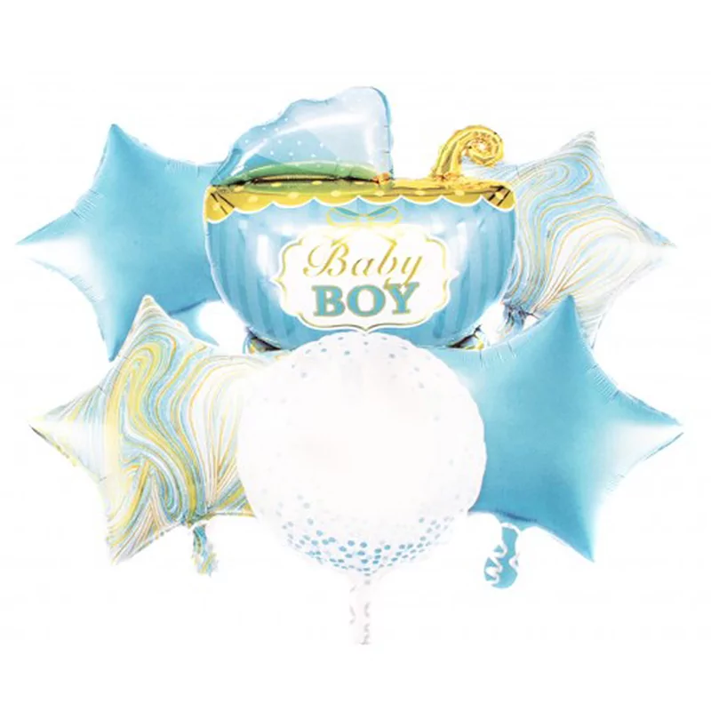 Set aranjament 6 baloane cu figurina Carucior Baby Boy albastru, 61 cm