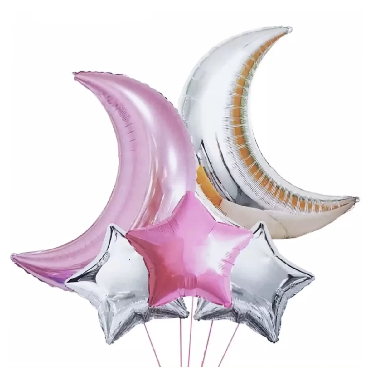 Set 5 baloane Luna si stele, culori argintiu roz, 60 cm