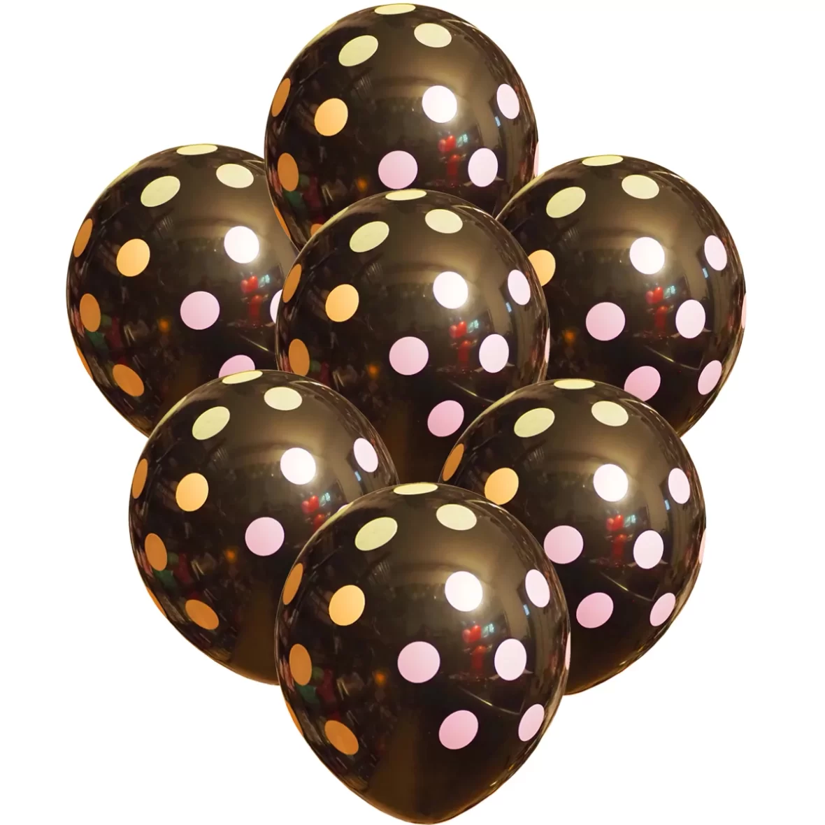 Set 6 baloane latex, negru cu buline multicolore, 30 cm