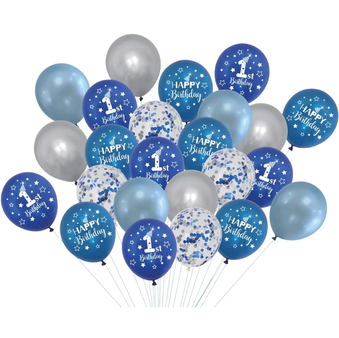 Set 24 baloane latex 1’st Birthday, cu confetti, albastru, 30 cm,