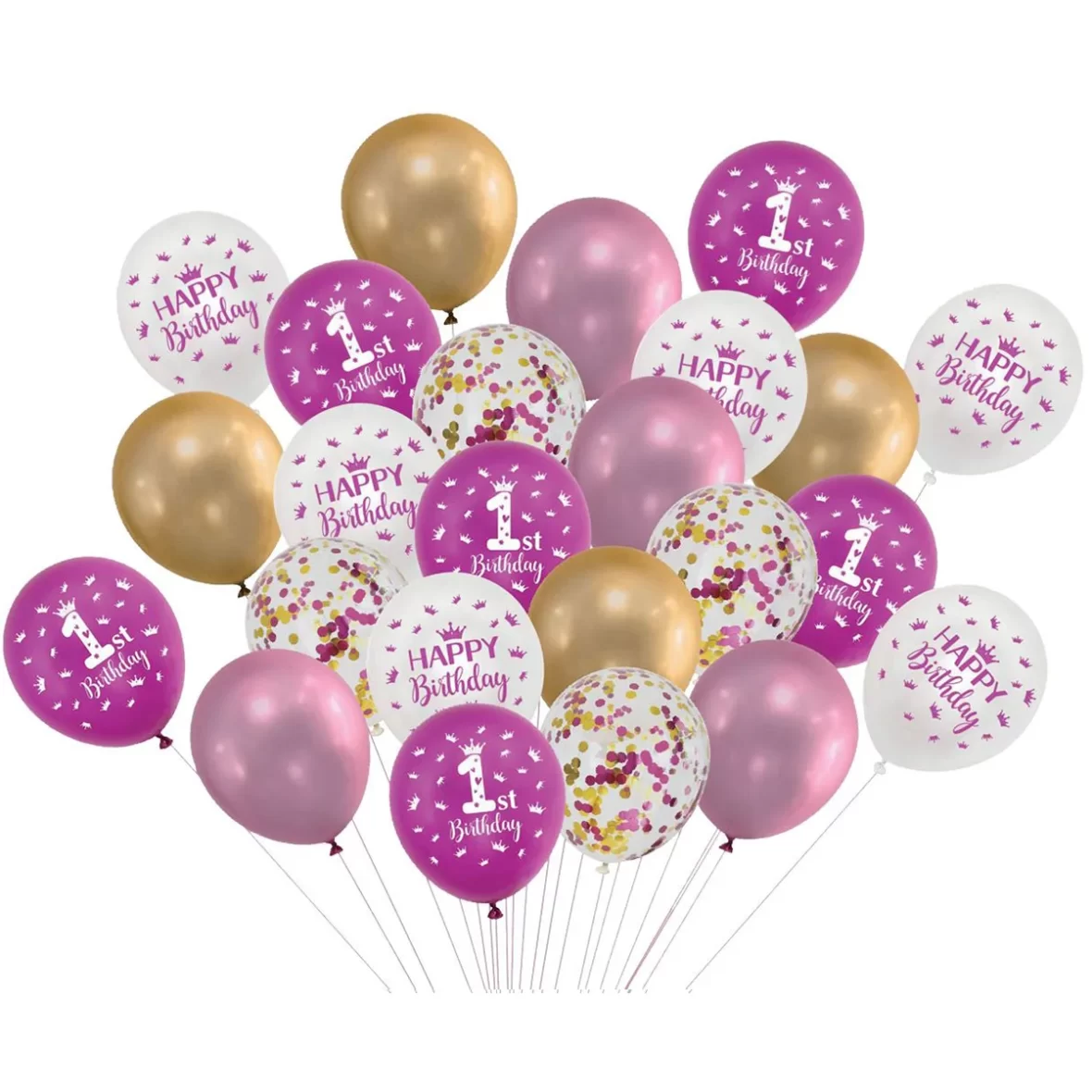 Set 24 baloane latex 1’st Birthday, cu confetti, roz, 30 cm,