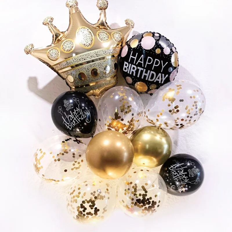 Set aranjament 10 baloane cu coronita in nuante de auriu cu negru