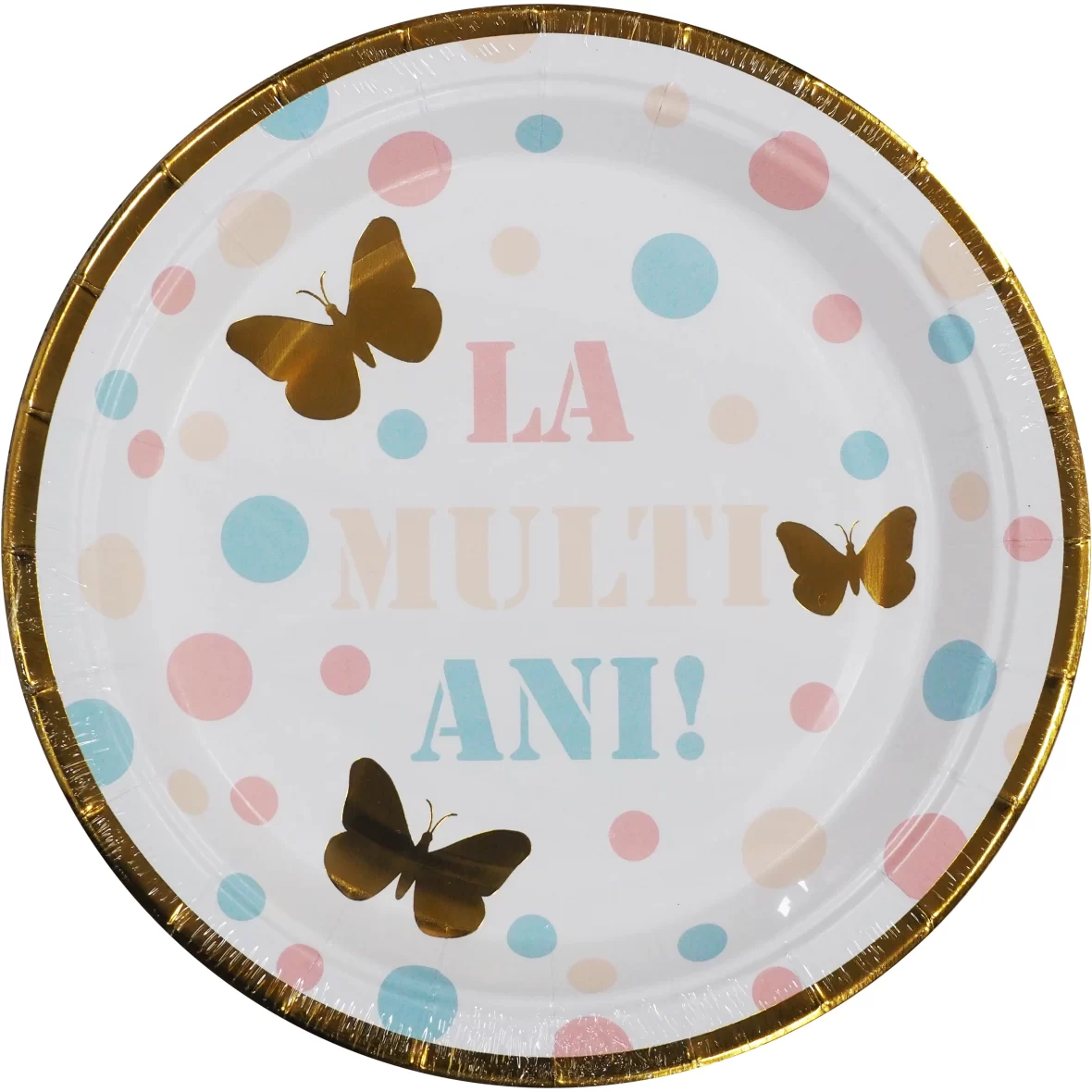 Set 6 farfurii cu bulinute multicolore si fluturasi aurii