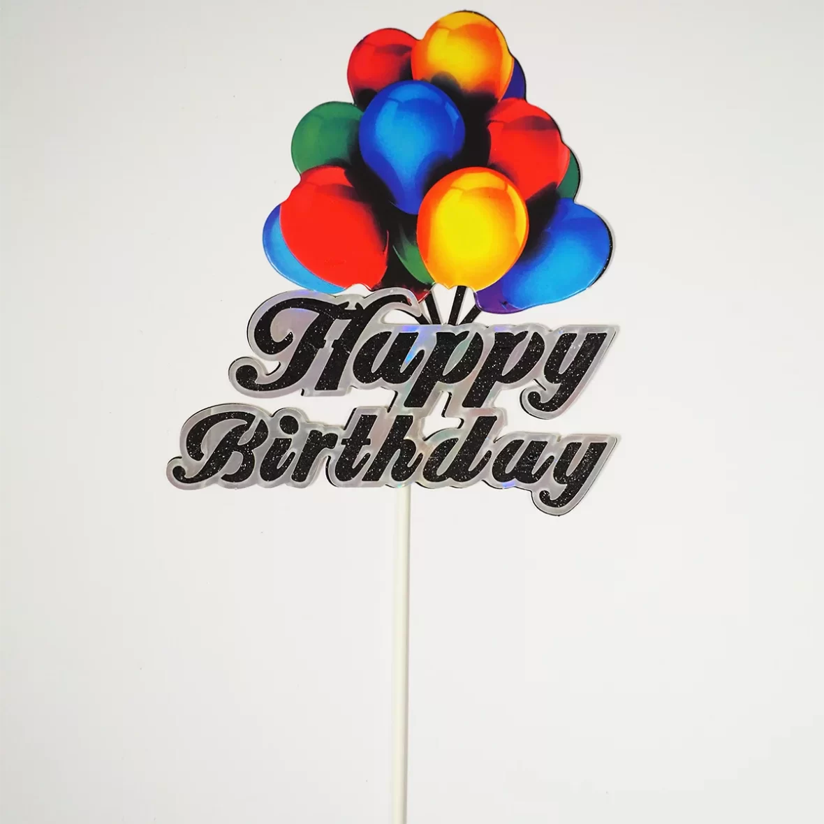 Topper tort Happy Birthday cu baloane multicolore, model 2