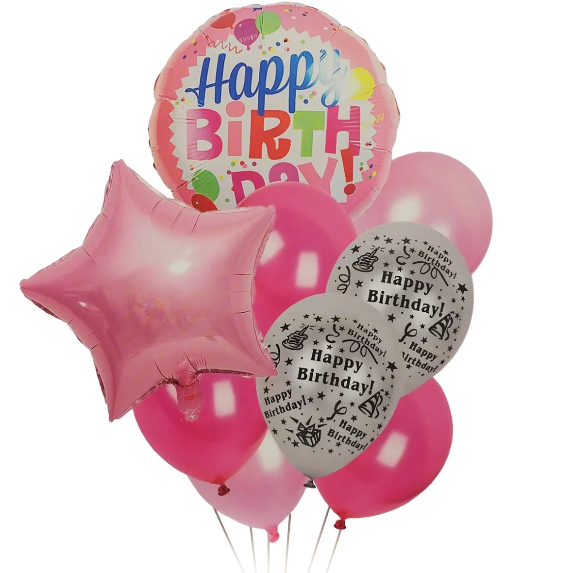 Set aranjament 9 baloane Happy Birthday roz