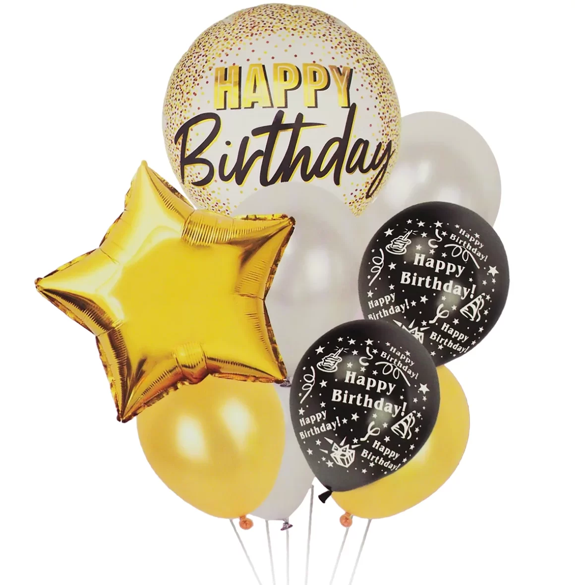 Set aranjament 9 baloane Happy Birthday negru-auriu