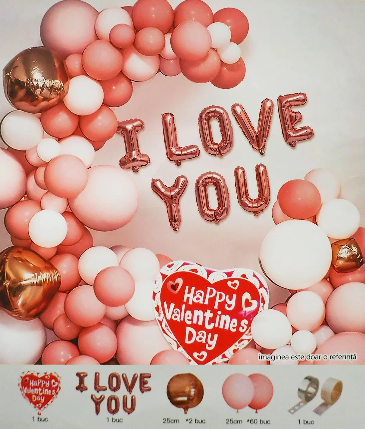 Set arcada baloane Valentine's Day in 2 nuante de roz, cu baloane litere I You, baloane si accesorii Balloo Party Shop