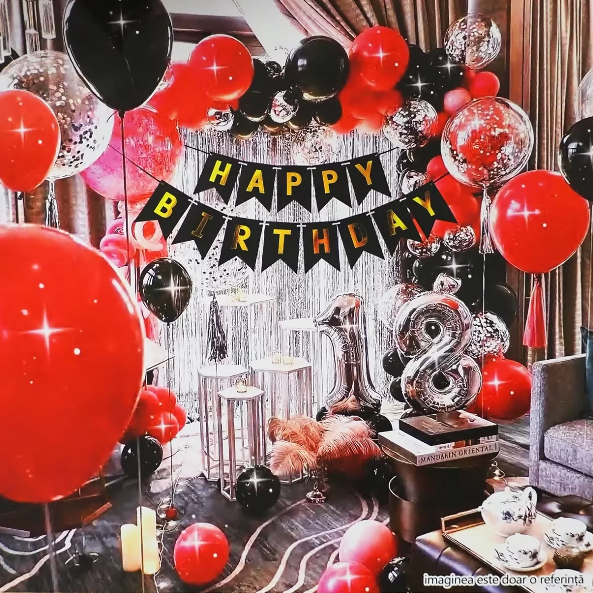 Set arcada baloane Happy Birthday 18 ani in nuante de rosu, negru si argintiu