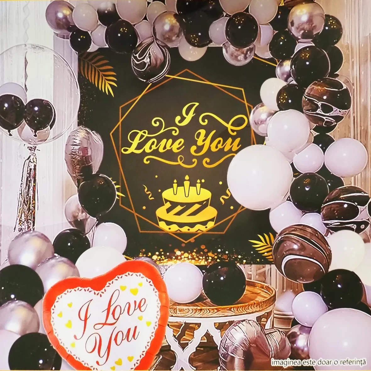 Set arcada 45 baloane latex si folie I Love You, in nuante de negru, alb, argintiu, cu banner