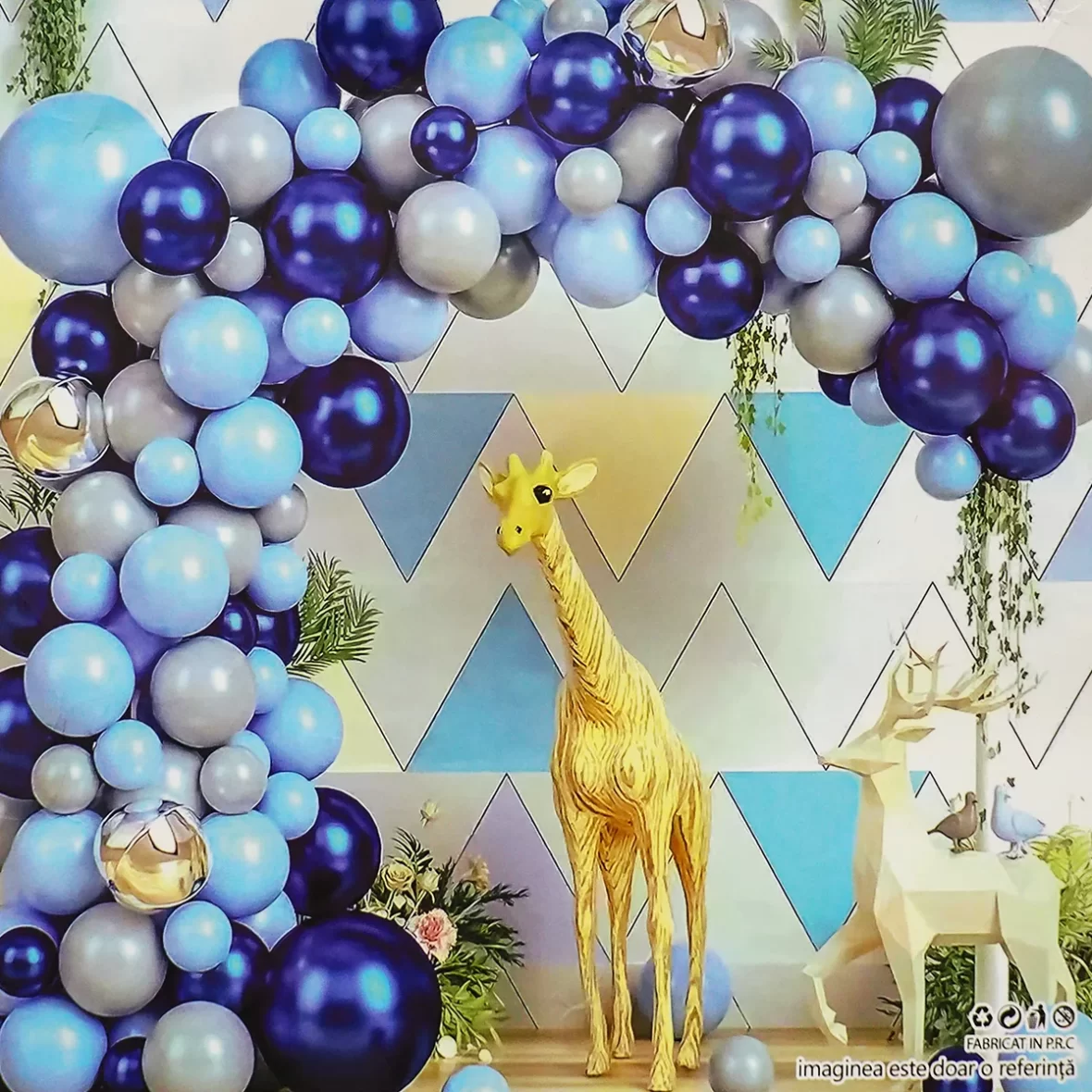 Set arcada baloane in nuante de albastru, gri si argintiu, cu baloane sfera si accesorii