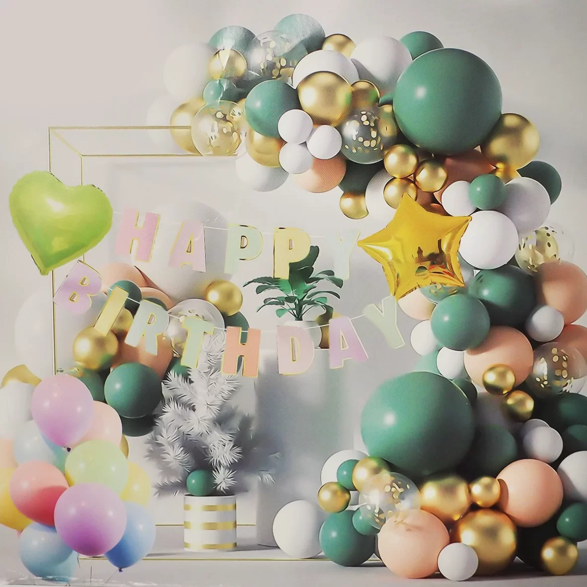 Set arcada baloane cu 90 baloane in nuante de verde, auriu, alb, somon, cu ghirlanda Happy Birthday si accesorii