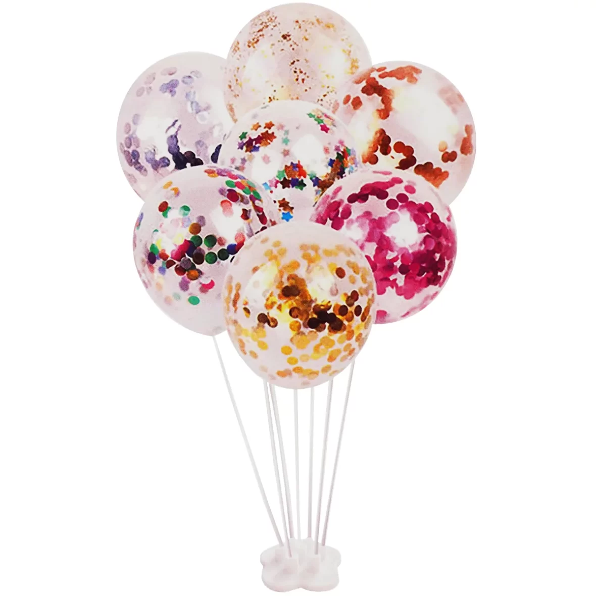 Set aranjament 7 baloane latex cu confetti multicolor si suport