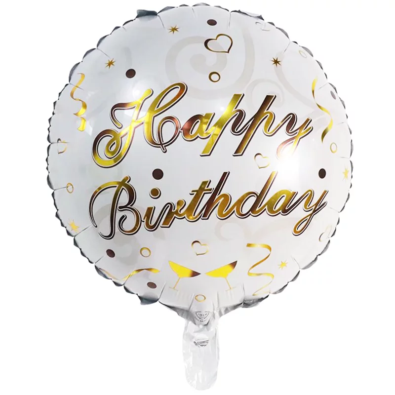 Balon folie model Happy Birthday alb cu scris auriu, rotund, 45 cm