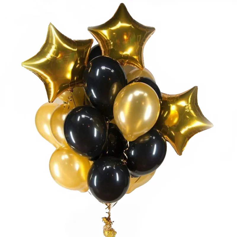 Set 13 baloane folie si latex, cu 3 stelute, auriu-negru