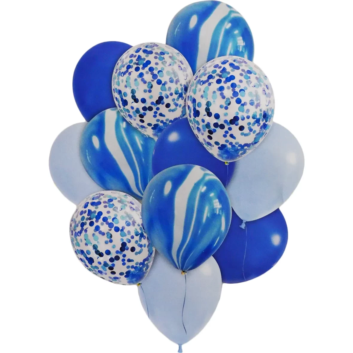 Set 12 baloane latex, cu baloane marmorate si confetti, albastru