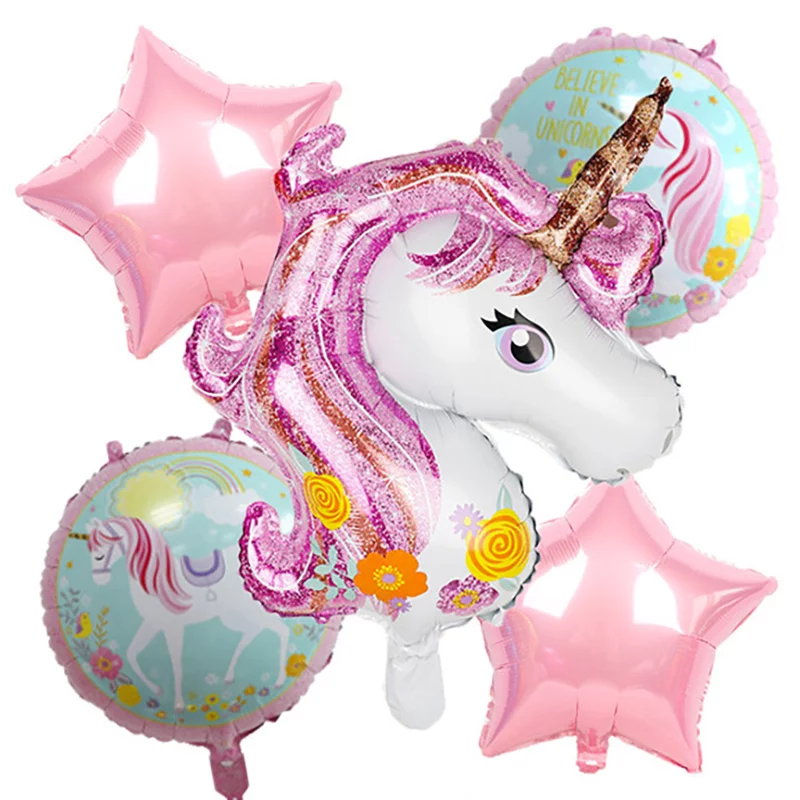 Set 5 baloane folie cu figurina Unicorn, stelute roz