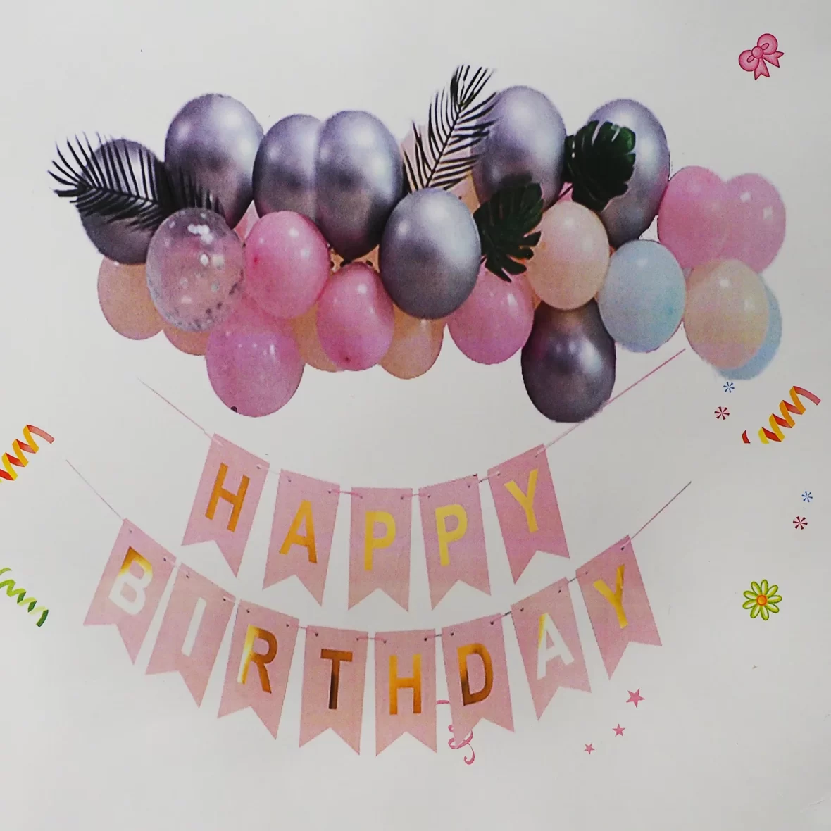 Set aranjament baloane latex cu banner Happy Birthday, ghirlanda stegulete, frunze si accesorii, nuante de argintiu cu roz